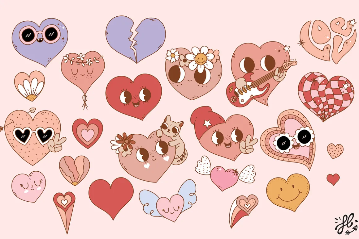 Groovy retro Valentine - clipart set