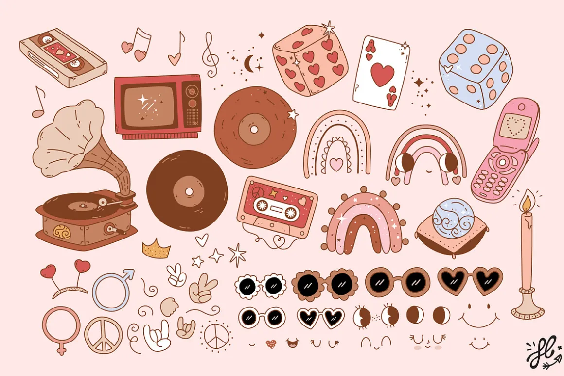 Groovy retro Valentine - clipart set