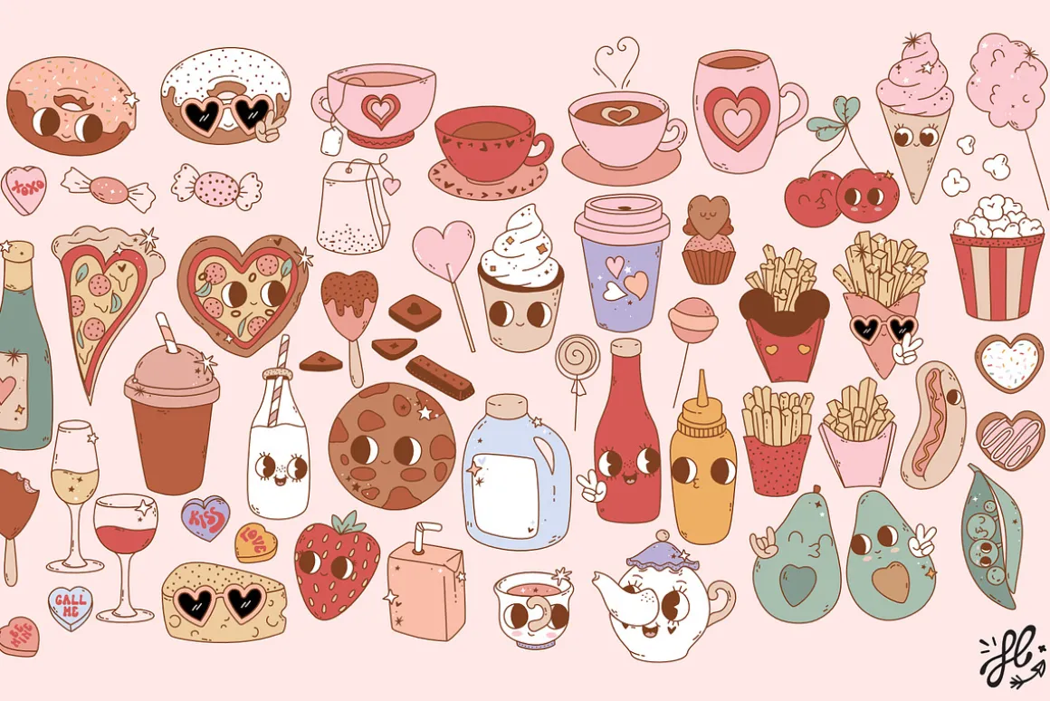 Groovy retro Valentine - clipart set