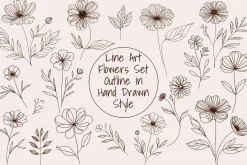 Hand Draw Line Art Flowers Set