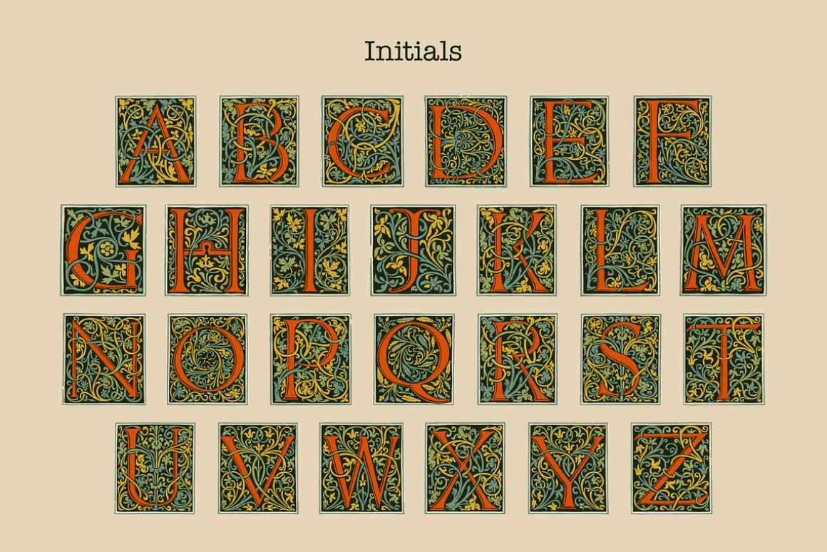 Illuminated medieval drop capitals