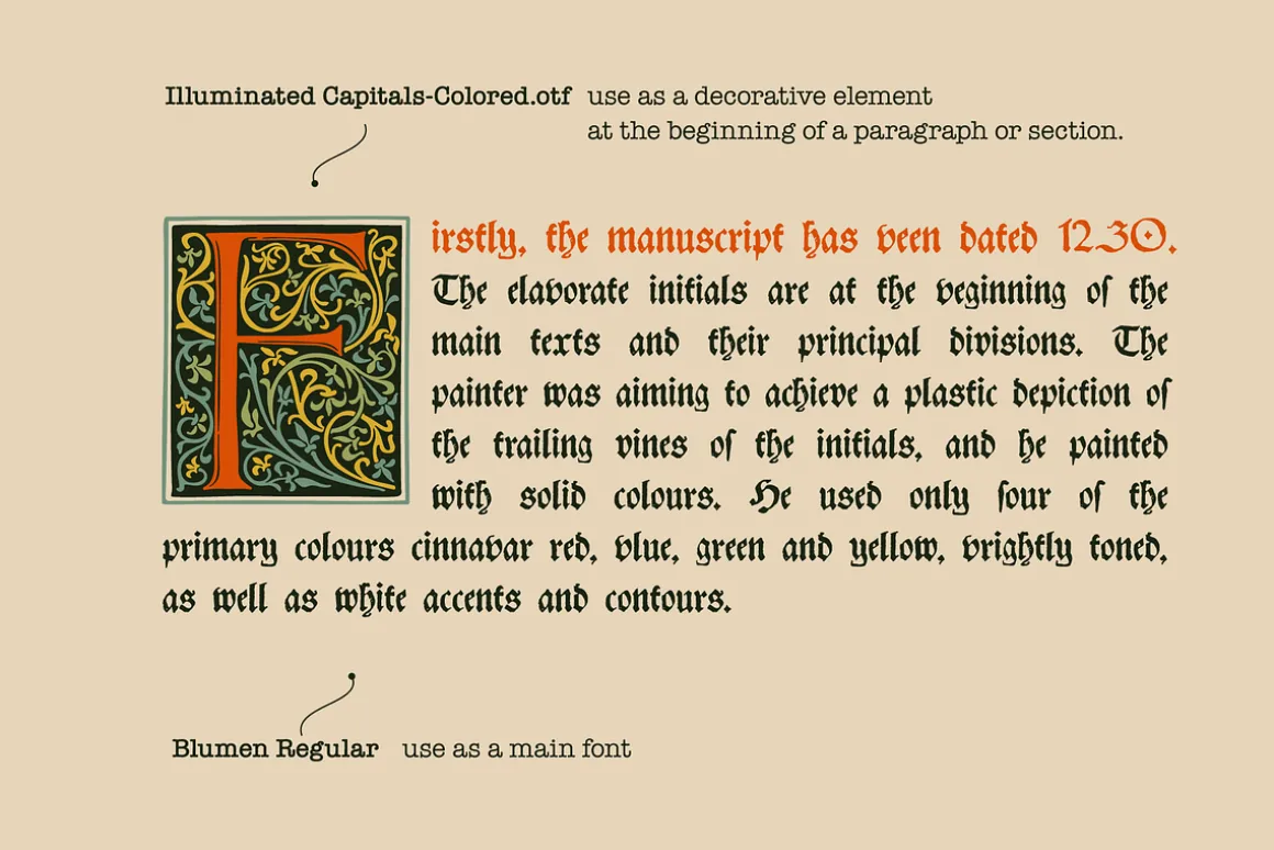 Illuminated medieval drop capitals