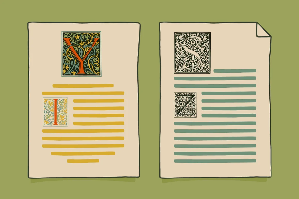 Illuminated medieval drop capitals