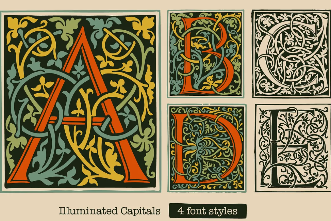 Illuminated medieval drop capitals