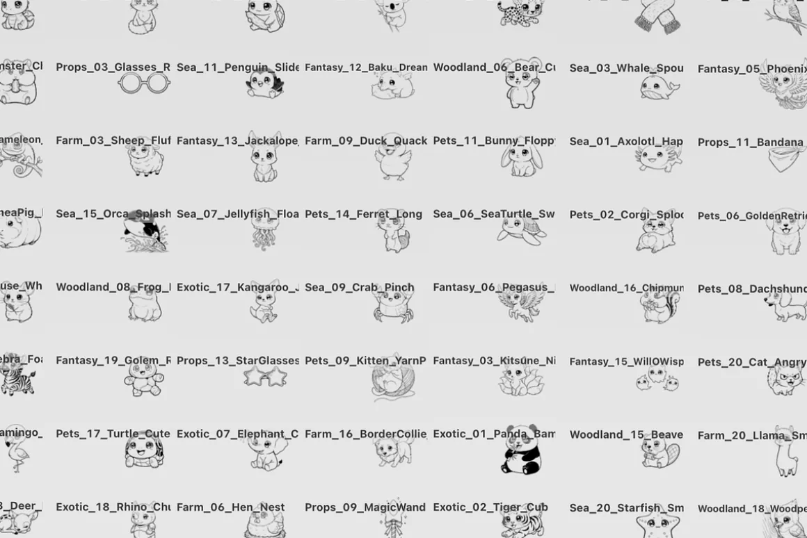 135 Kawaii Animal Procreate Stamps