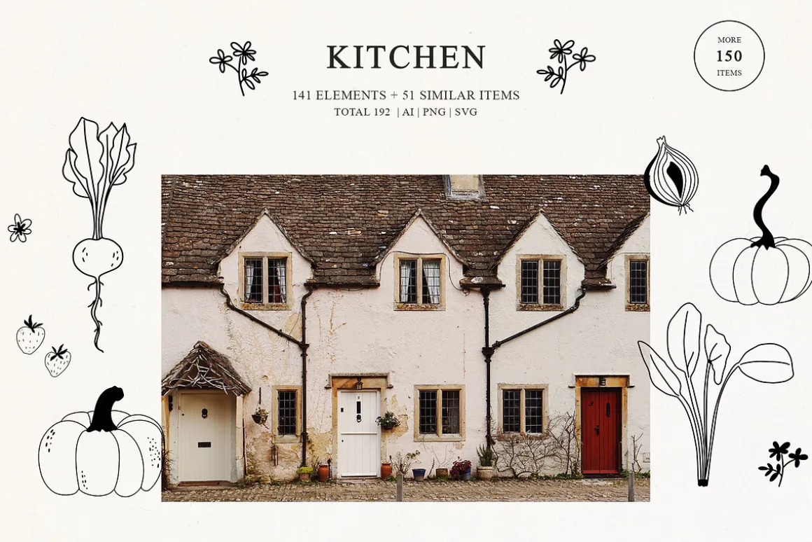 Kitchen line drawing for bakery logo