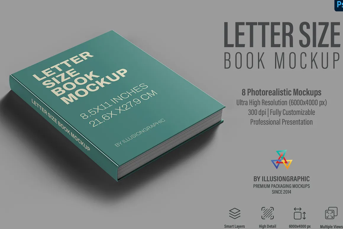 Letter Size Book Mockup - 8 views