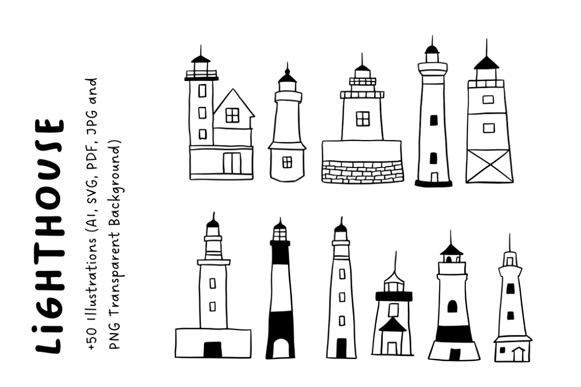 50+ Lighthouse Hand-Drawn Set