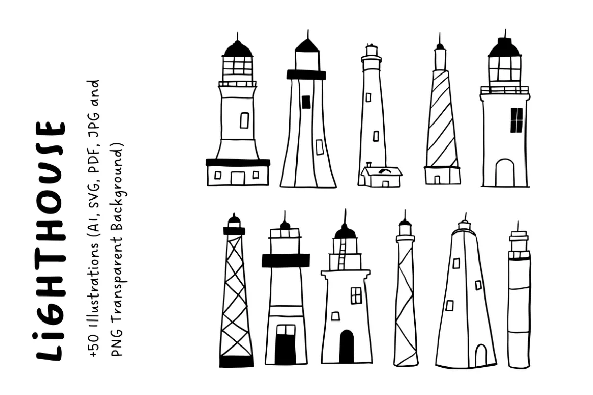 50+ Lighthouse Hand-Drawn Set