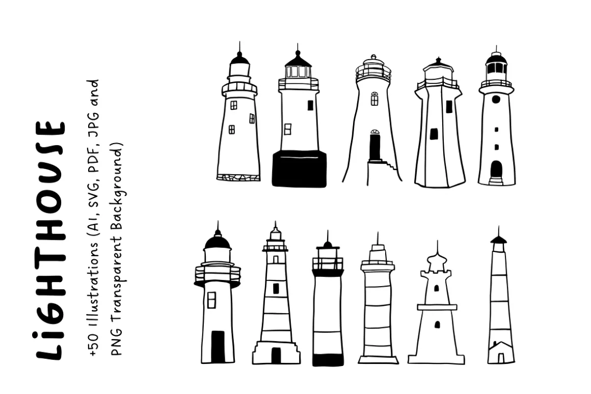50+ Lighthouse Hand-Drawn Set