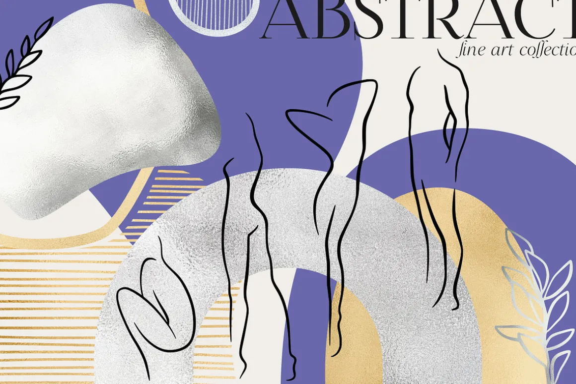 Line art people and abstract shapes