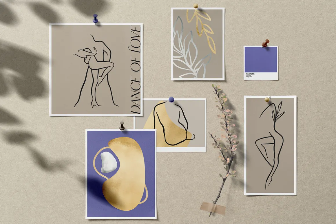 Line art people and abstract shapes