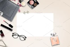 Luxury brand makeup desk post mockup stock photo containing chanel and stock
