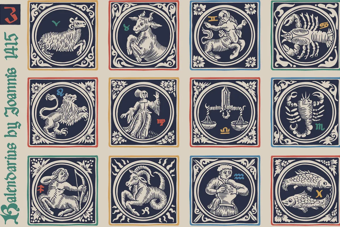 Medieval Zodiac Initials set