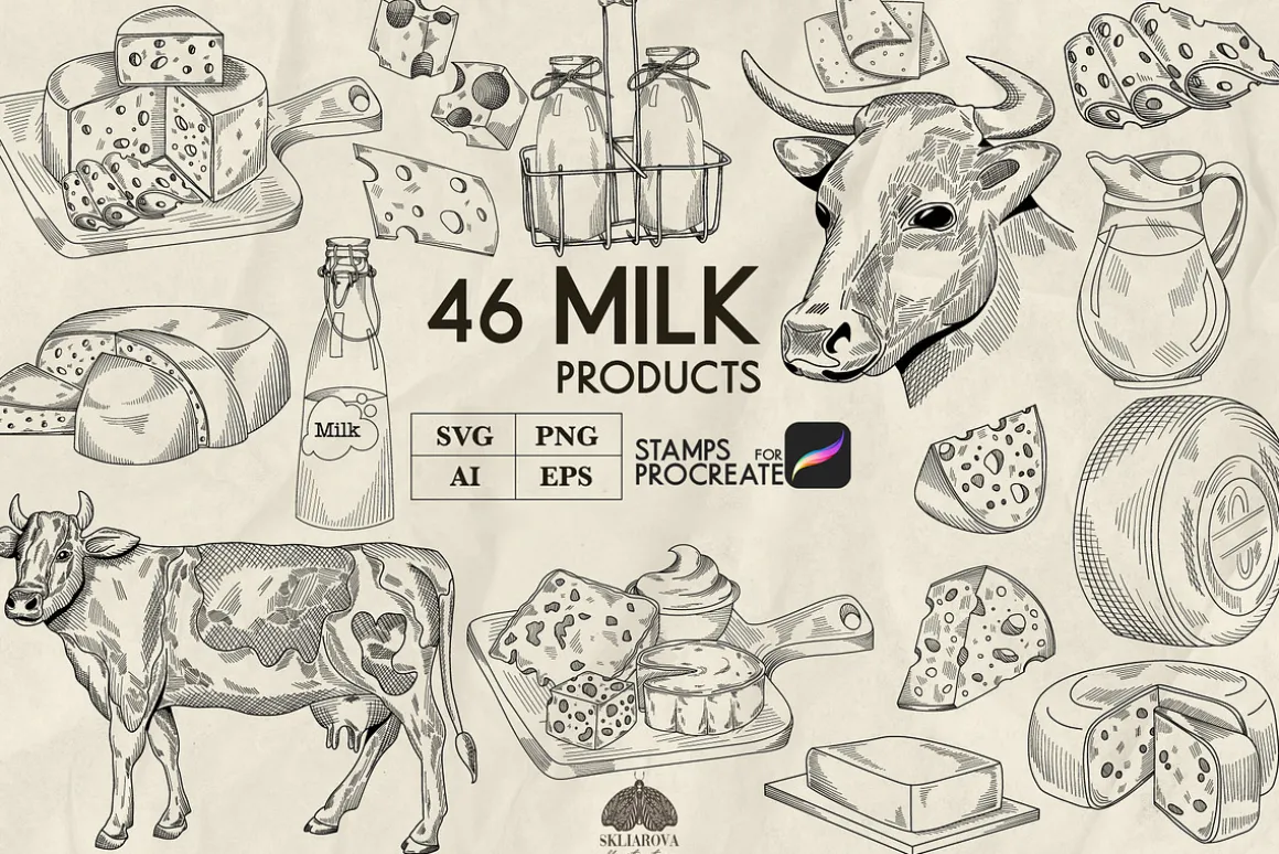 Milk products line art + Procreate