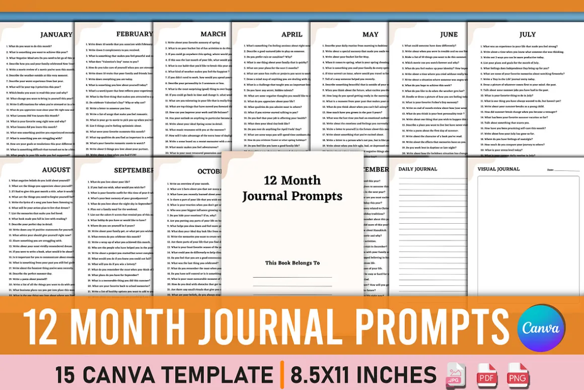 12 Month Journal Prompts Canva