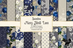 Navy Floral Lace Digital Paper