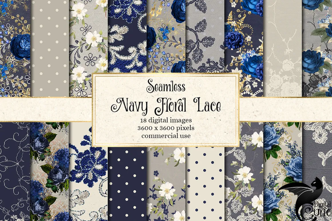 Navy Floral Lace Digital Paper