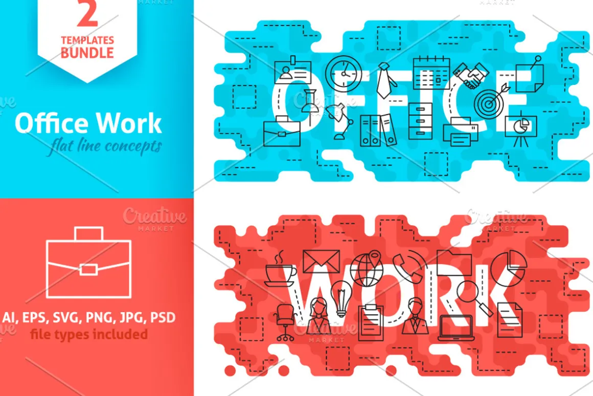 Office Work Word Line Flat Concepts