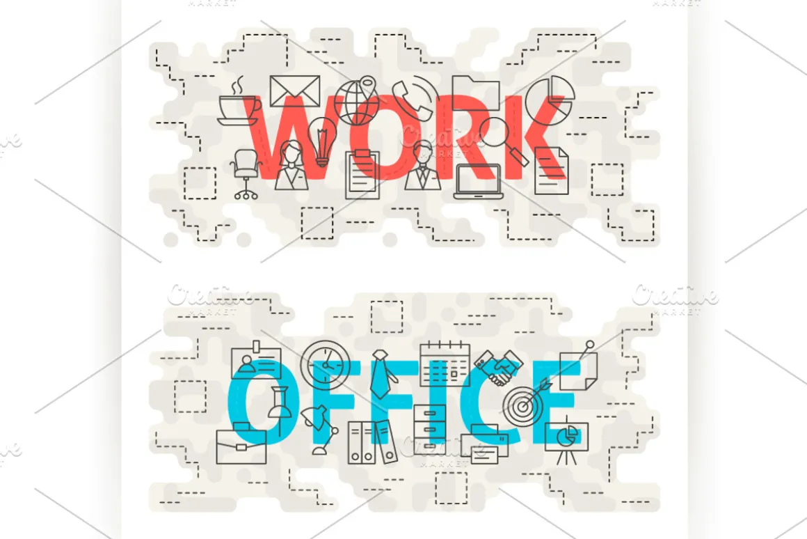 Office Work Word Line Flat Concepts