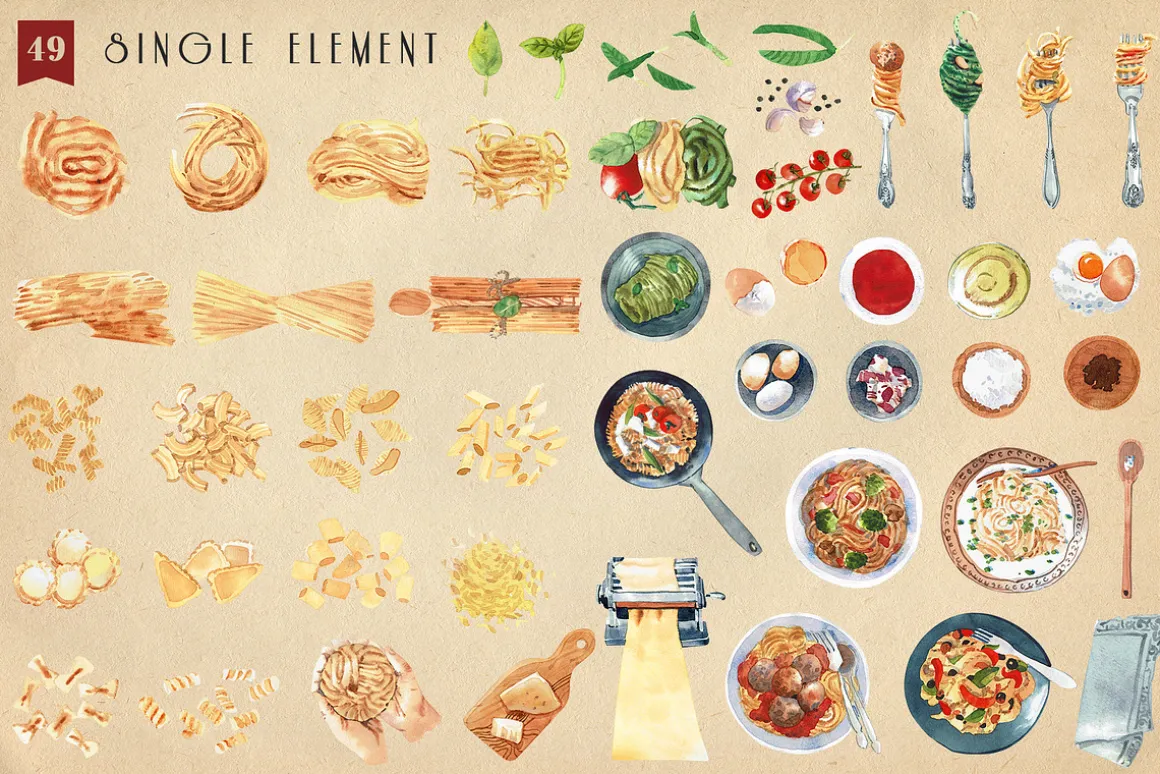 Pasta Recipe and Dishes Watercolor