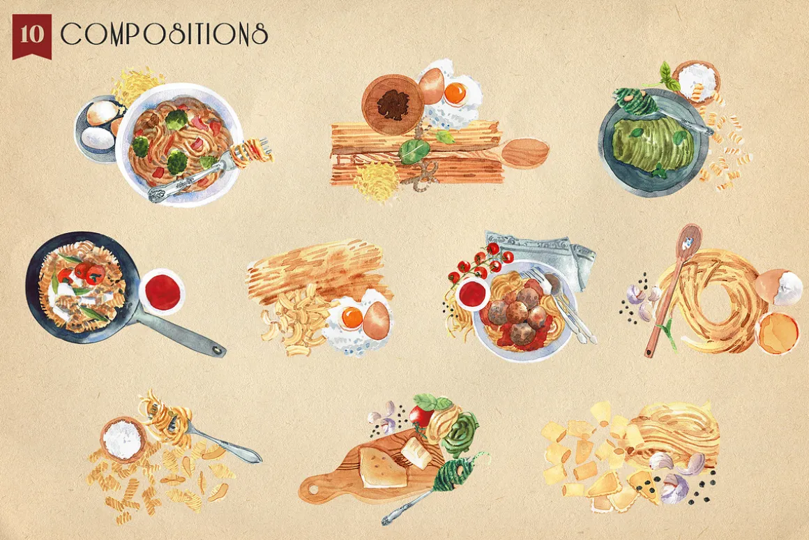 Pasta Recipe and Dishes Watercolor