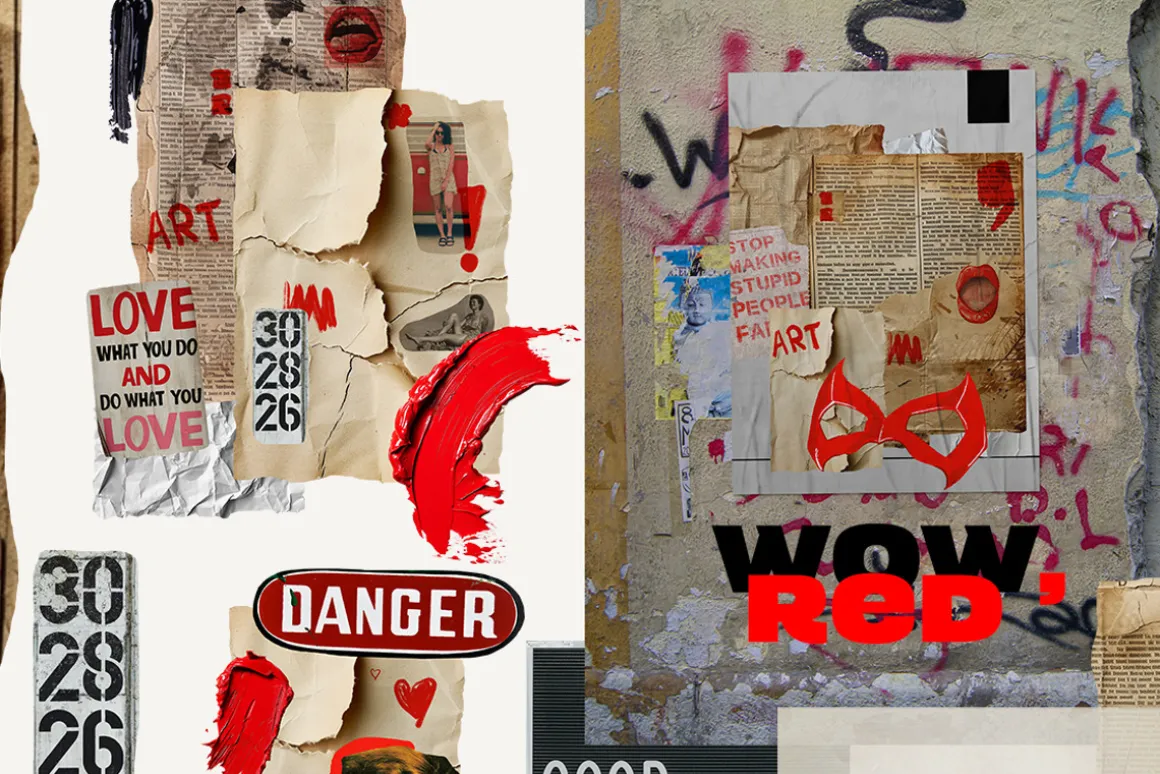 Red collage Cut out Mixed media set