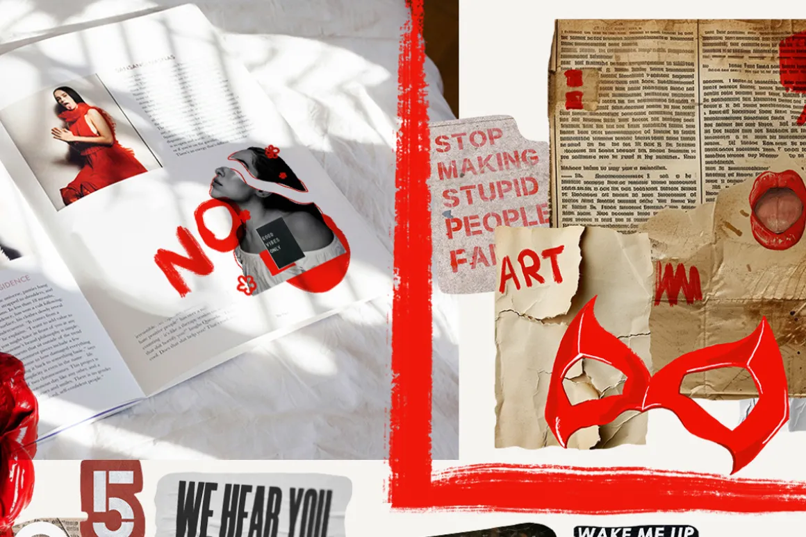 Red collage Cut out Mixed media set