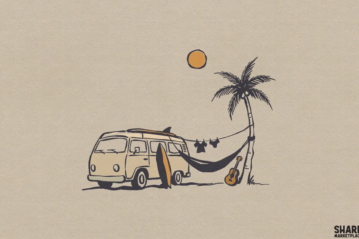 Retro Beach Van Hammock Scene