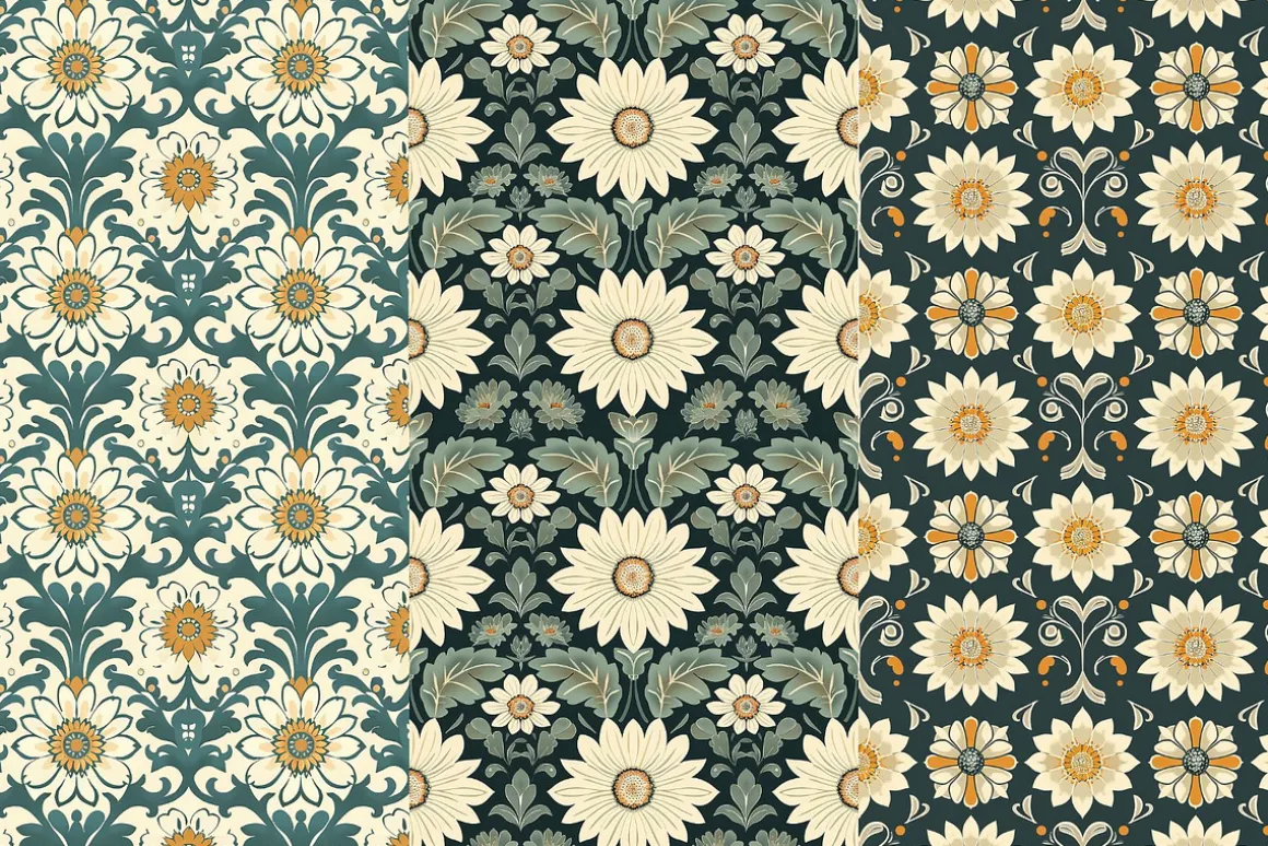 8 Retro Daisy Deco Seamless Patterns