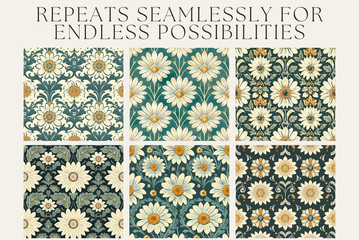 8 Retro Daisy Deco Seamless Patterns