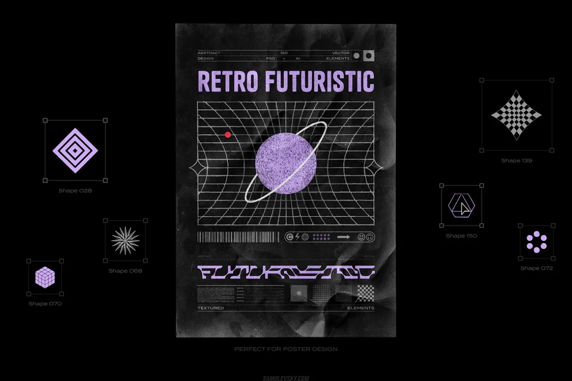 150 Retro-Futuristic Textured Shapes