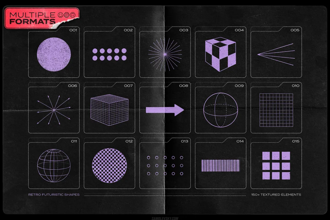 150 Retro-Futuristic Textured Shapes