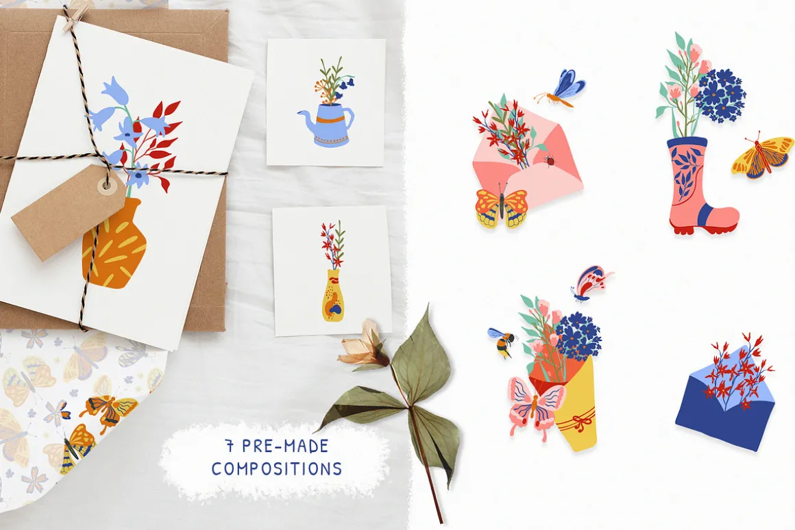 Spring illustrations, patterns set