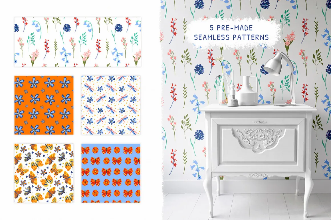 Spring illustrations, patterns set
