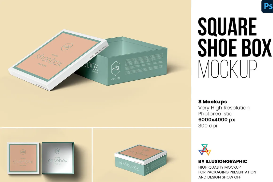 Square Shoe Box Mockup - 8 views