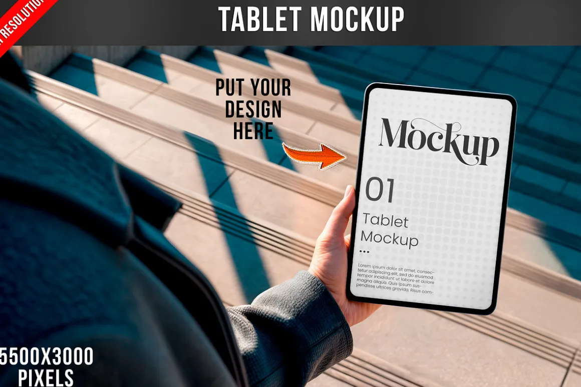 Tablet Mockup on Concrete Stairs PSD