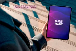 Tablet Mockup on Concrete Stairs PSD