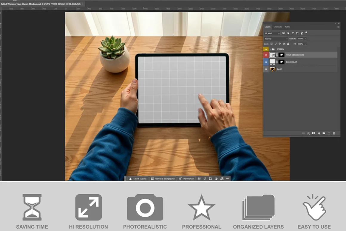 Tablet On Wooden Table Mockup PSD