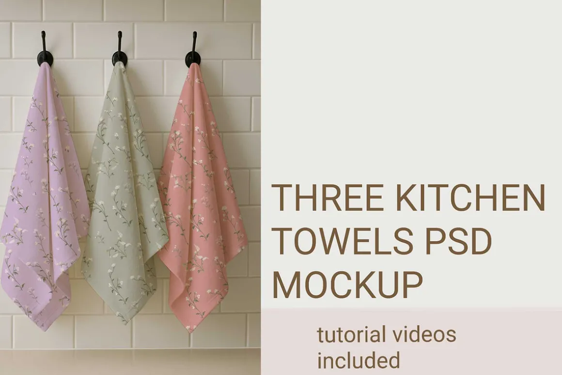 THREE COTTON KITCHEN TOWELS MOCKUP