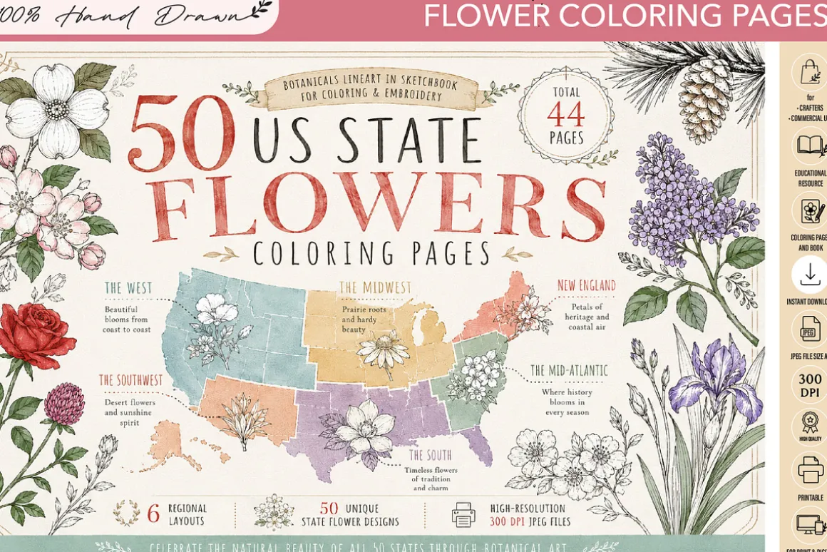 50 US State Flowers Coloring Pages