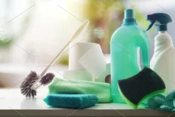 Various bathroom products on the table and in the background
