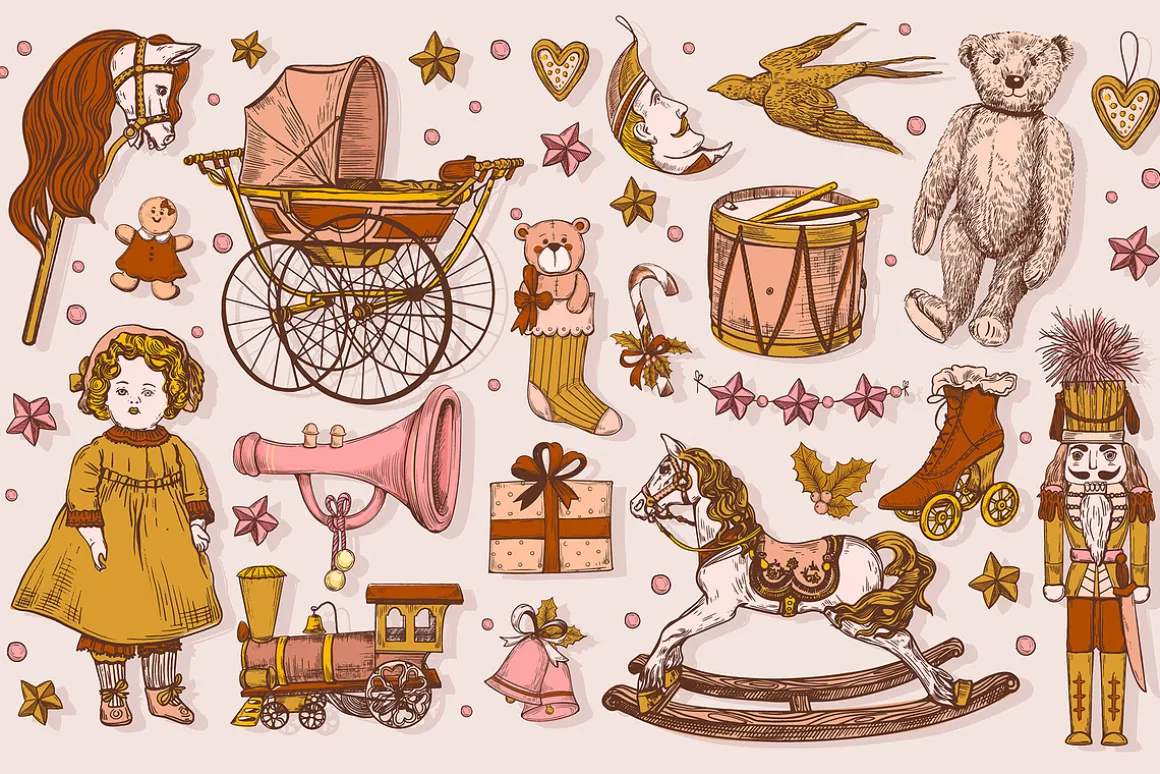Vector hand drawn vintage toy set