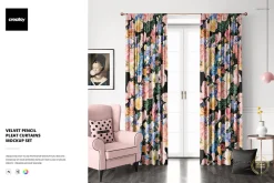 Velvet Pencil Pleat Curtains Mockup