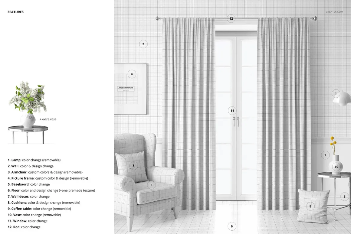 Velvet Pencil Pleat Curtains Mockup