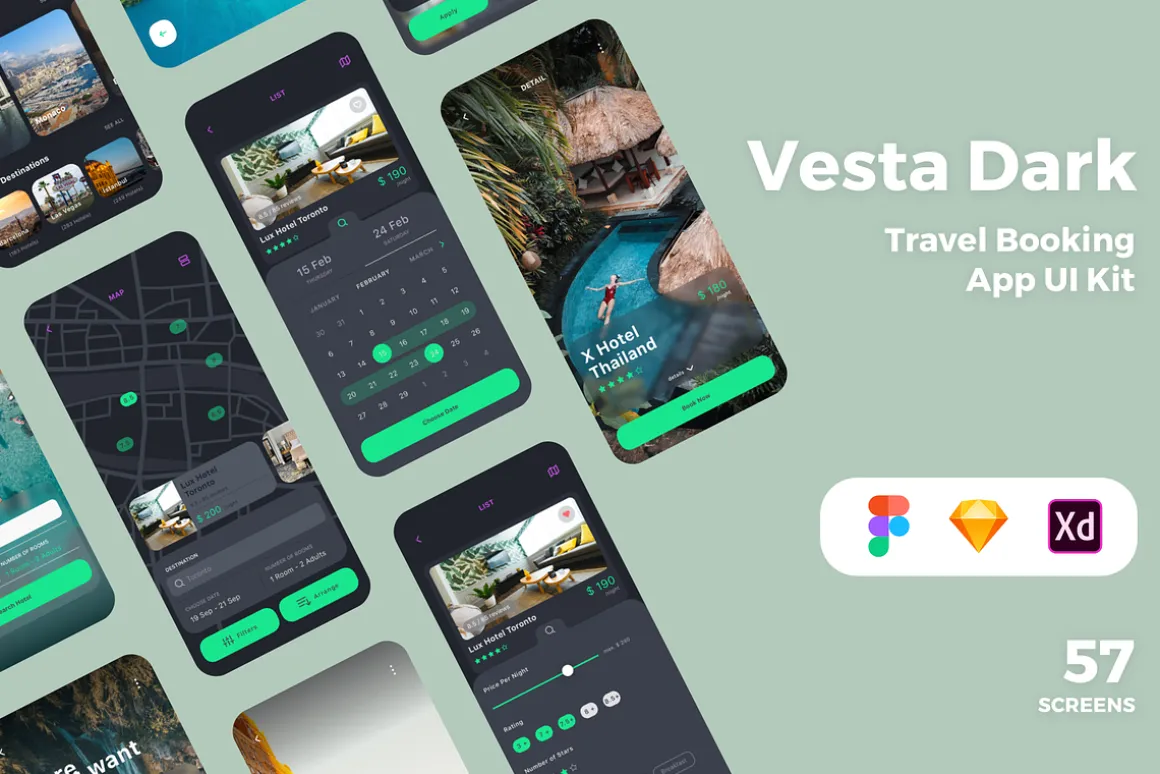 Vesta Dark Travel Booking App UI Kit