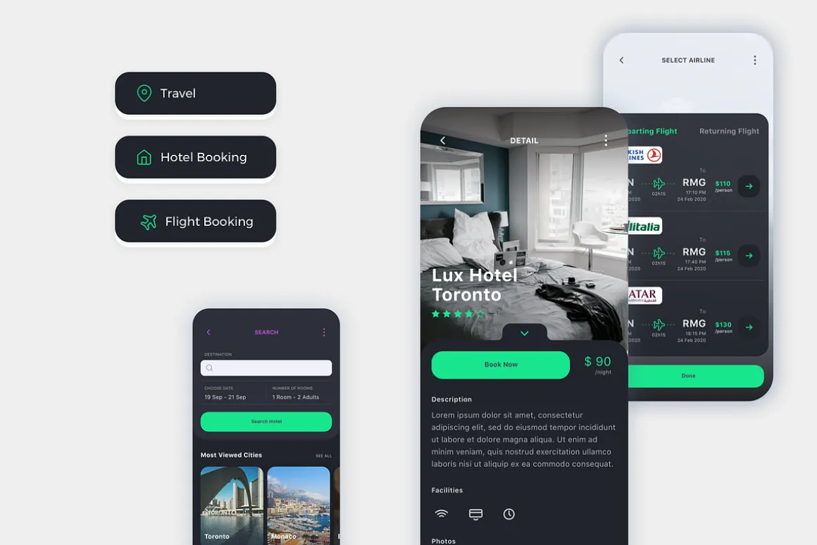 Vesta Dark Travel Booking App UI Kit