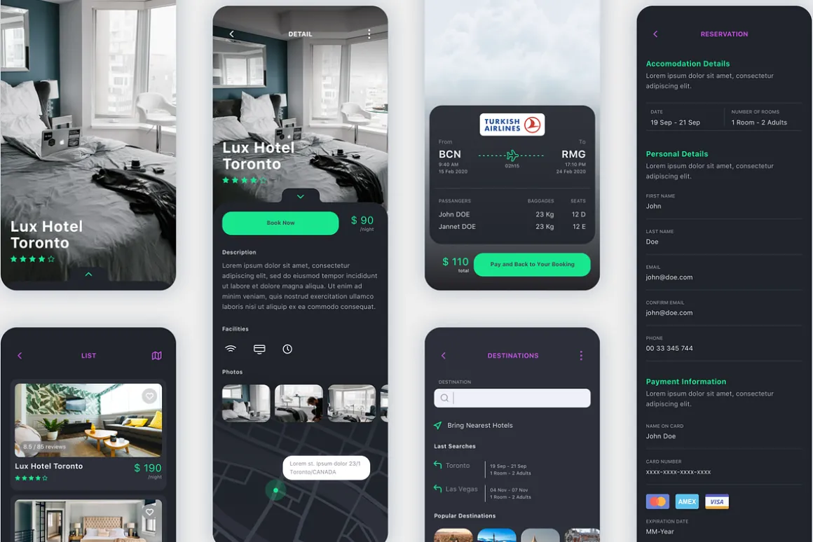 Vesta Dark Travel Booking App UI Kit
