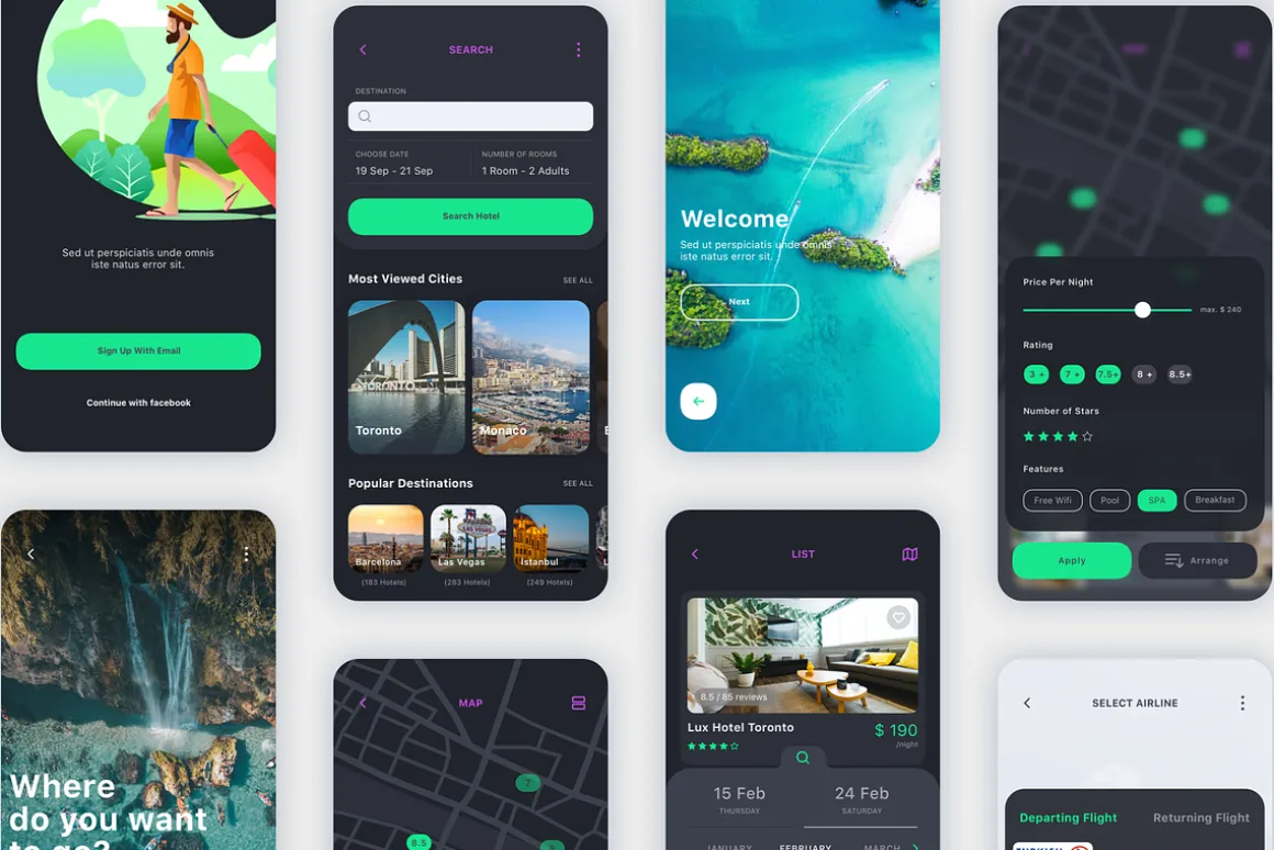 Vesta Dark Travel Booking App UI Kit