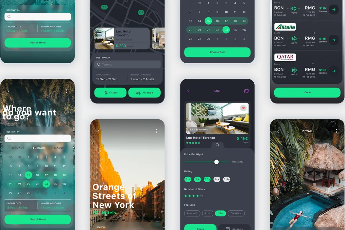 Vesta Dark Travel Booking App UI Kit